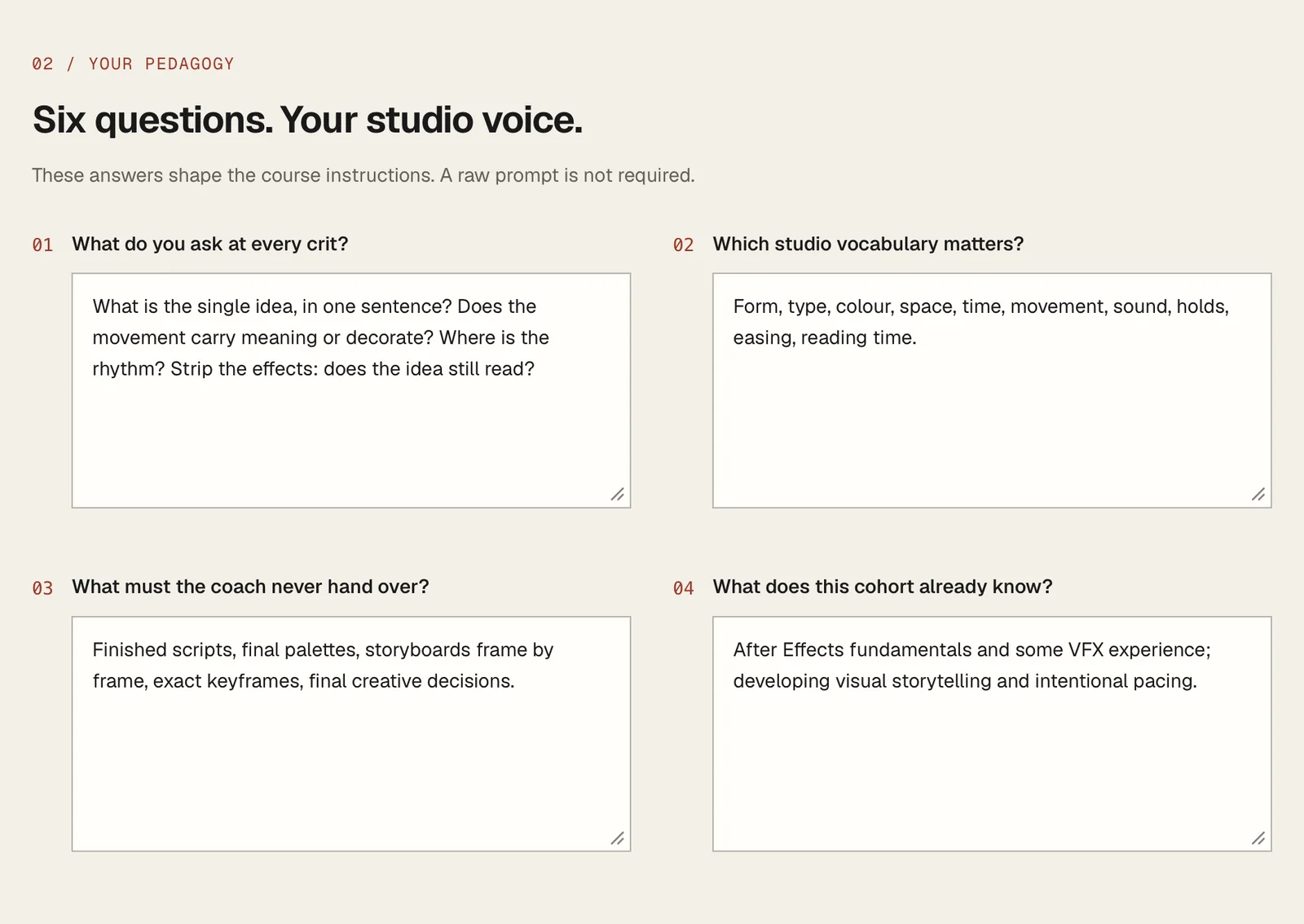 Crit course setup asking six questions about the teacher’s own studio practice