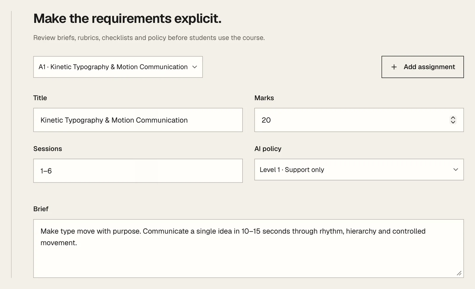Assignment setup with title, marks, sessions, AI policy level and the brief