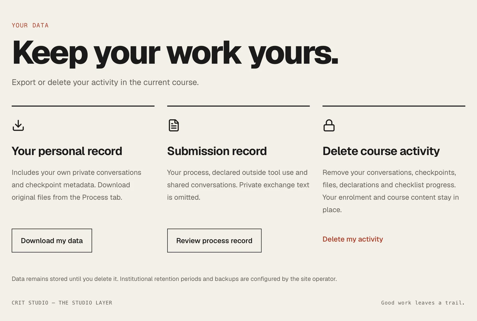 Student data screen offering a personal record export, a submission record and deletion