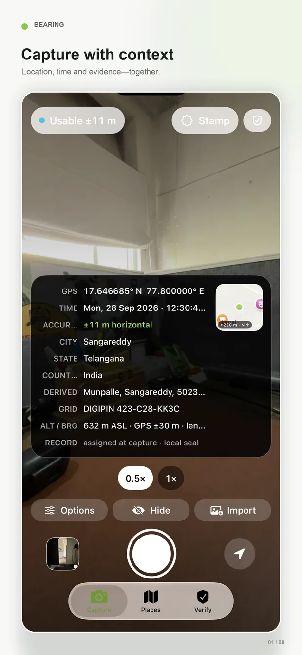 Capture with context: the live stamp shows GPS, time, ±11 m accuracy, place, DIGIPIN and altitude