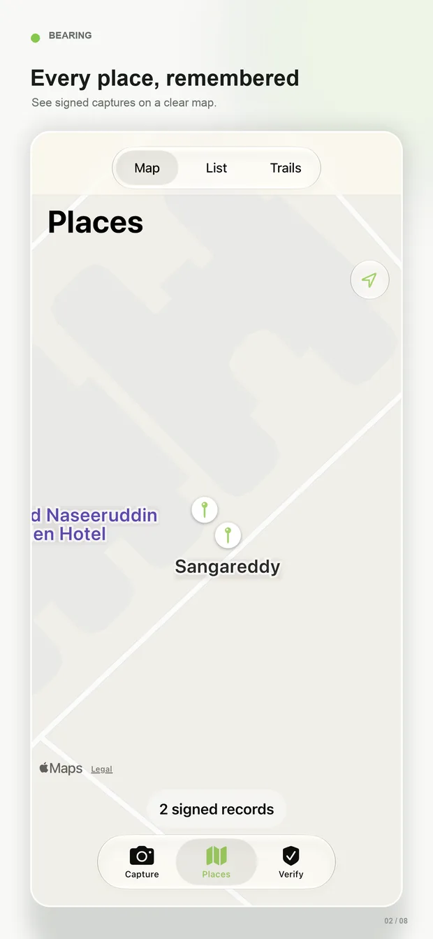 Every place, remembered: signed captures on a map, with list and trails views