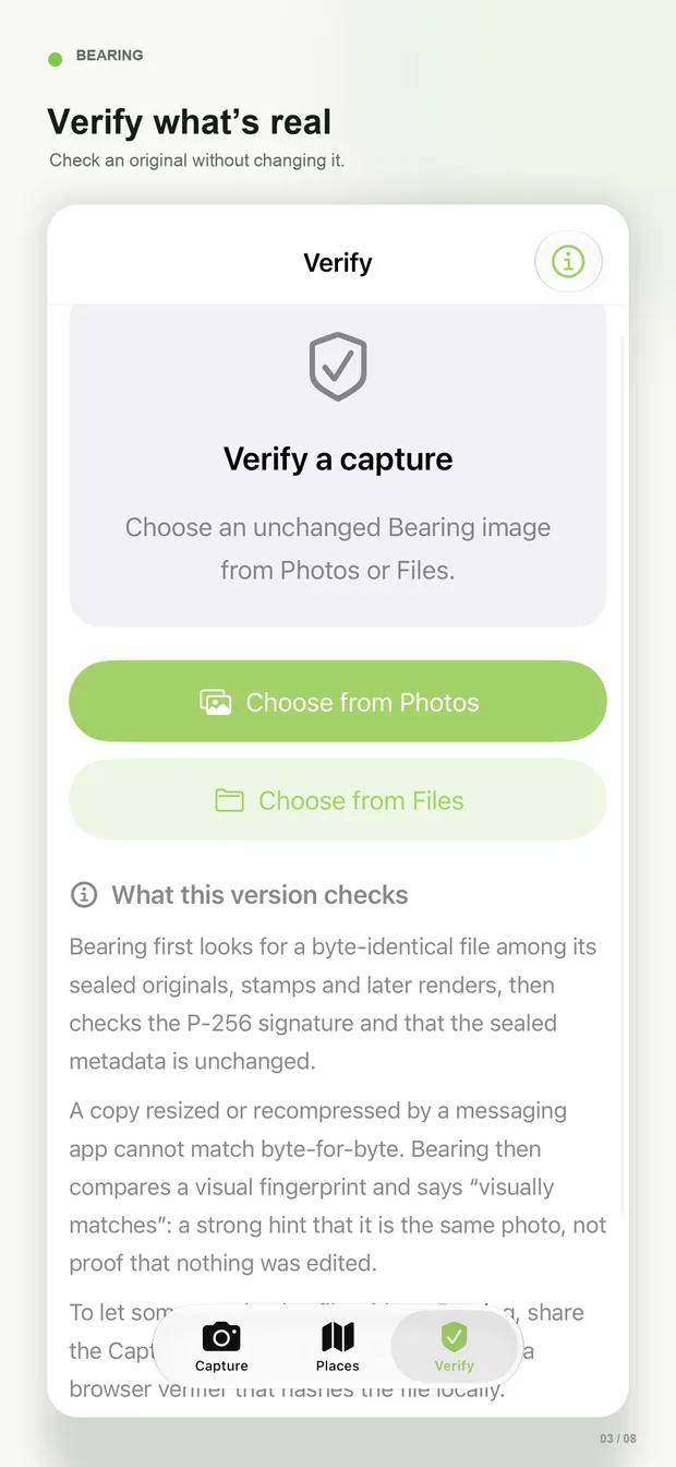 Verify what is real: check an unchanged Bearing image from Photos or Files