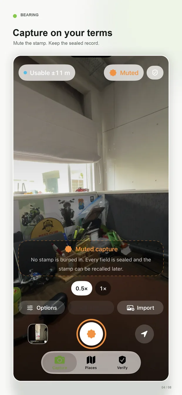Capture on your terms: a muted capture burns in no stamp but keeps the sealed record