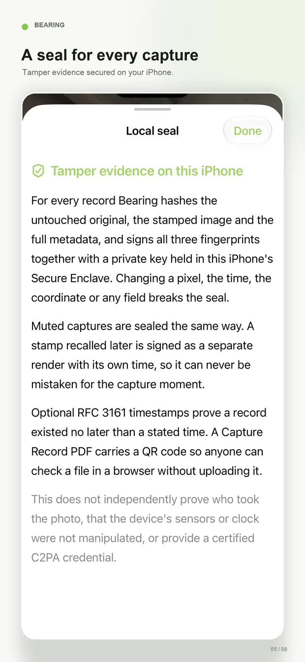 A seal for every capture: the original, stamped image and metadata signed together in the Secure Enclave