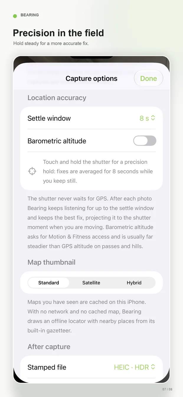 Precision in the field: settle window, barometric altitude and the touch-and-hold precision hold