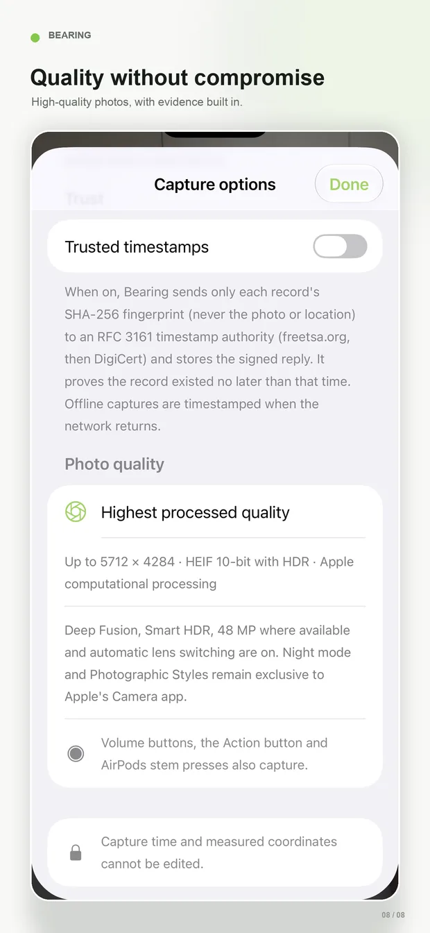 Quality without compromise: HEIF 10-bit with HDR, trusted timestamps and hardware shutters