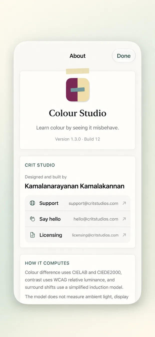 About: Colour Studio version and build, CRIT Studio contacts and how it computes