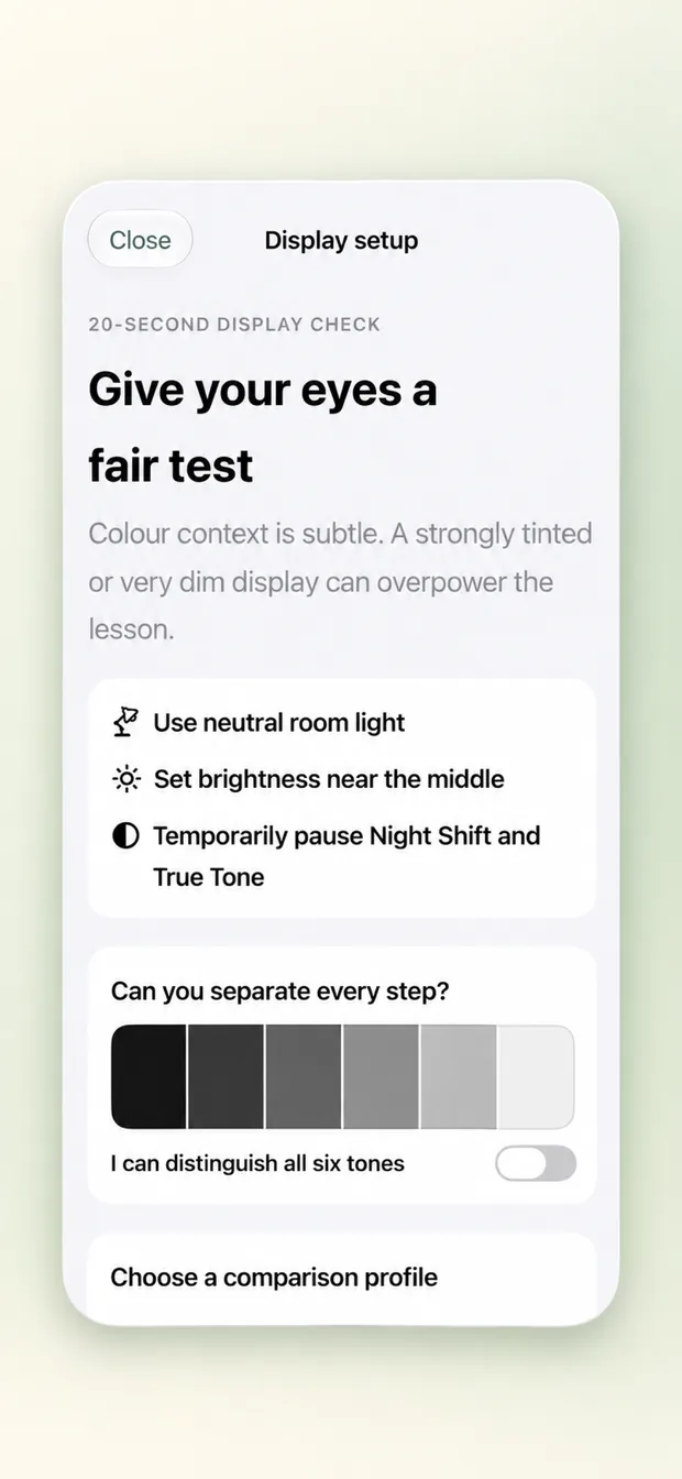 Display setup: a 20-second check with neutral light, mid brightness and Night Shift paused