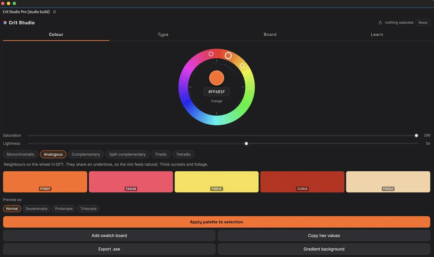 The Crit Panel window in After Effects, with a colour wheel, harmony selection and palette