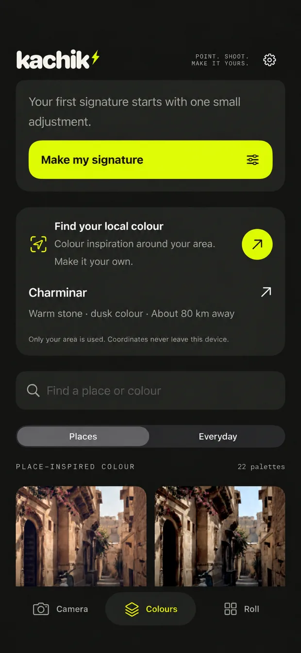 Find your local colour suggesting Charminar: warm stone, dusk colour, about 80 km away