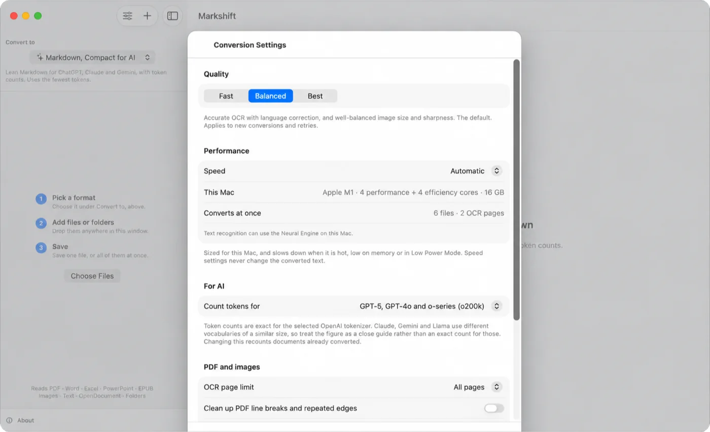 Markshift Conversion Settings: Fast, Balanced or Best quality, automatic speed sized for this Mac, token counting for GPT-5, GPT-4o and o-series, and OCR options